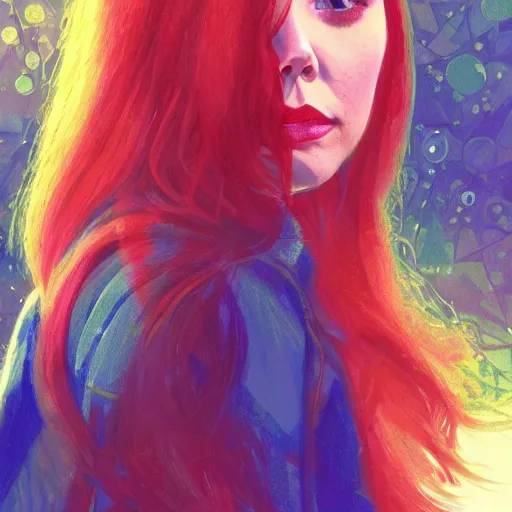 Prompt: Elizabeth olsen with red hair in 1970's fashion, in disco room, intricate, highly detailed, digital painting, artstation, official media, anime key visual, concept art, rich vivid colors, ambient lighting, sharp focus, illustration, art by Ayami Kojima and Greg rutkowski