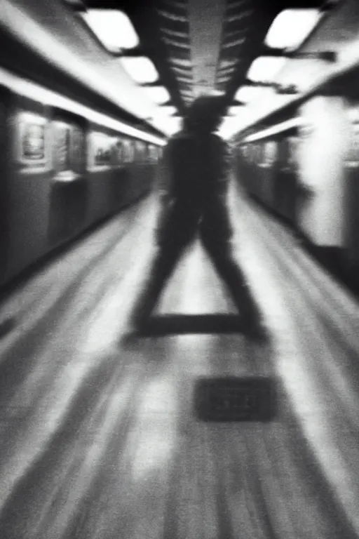 Image similar to ominous grainy surveillance photo still of scary monster in style of silent hill, gantz, junji ito, inside toronto subway