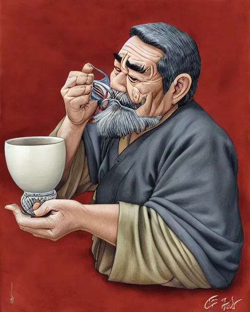 Prompt: real life Uncle Iroh, drinking from a cup of tea, gentle smile, overweight, beautiful, very detailed, hyperrealistic, medium shot, very detailed painting by Glenn Fabry, by Joao Ruas