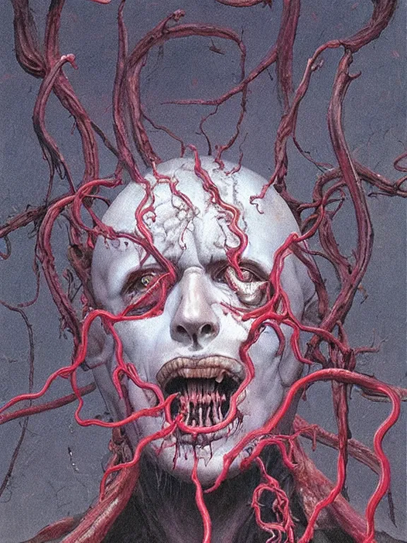 Image similar to painting by wayne barlowe of a flying sorrowful looking human head with tears running down it's eyes, face that is chalk white in color, with long sprawling white tentacles stemming down it's neck, fiery scorching red eyes, flying in a terrying hellish dark cavernous place