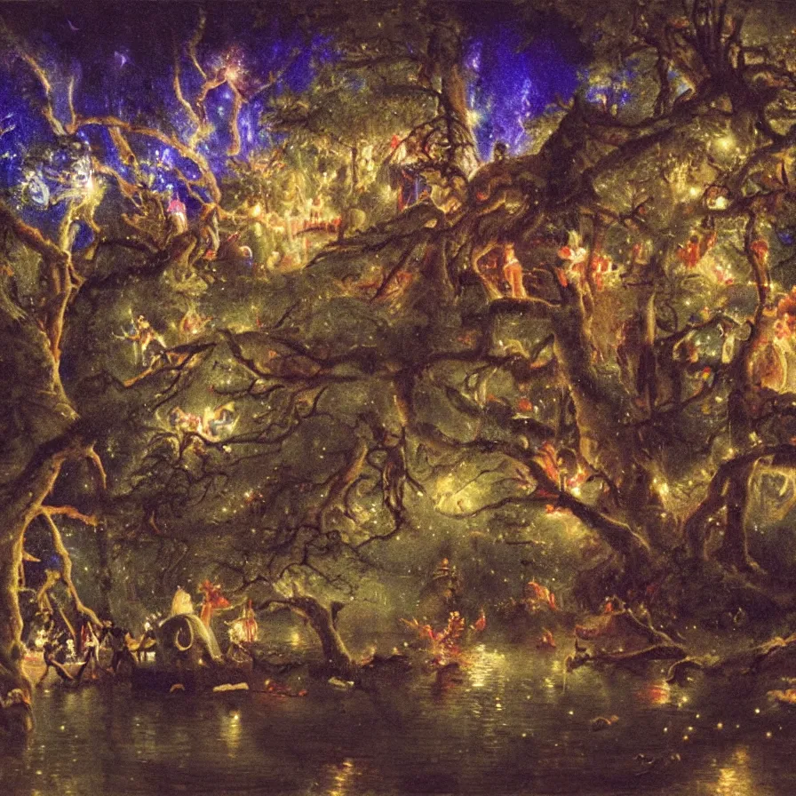 Image similar to closeup of a night carnival around a magical in a summer storm, tree cavity with a music scenario with many fireworks and christmas lights, next to a lake with iridiscent lake water, volumetric lightning, folklore people disguised with fantastic creatures in a magical forest by summer night, masterpiece painted by william russell flint, scene by dark night environment, refraction lights