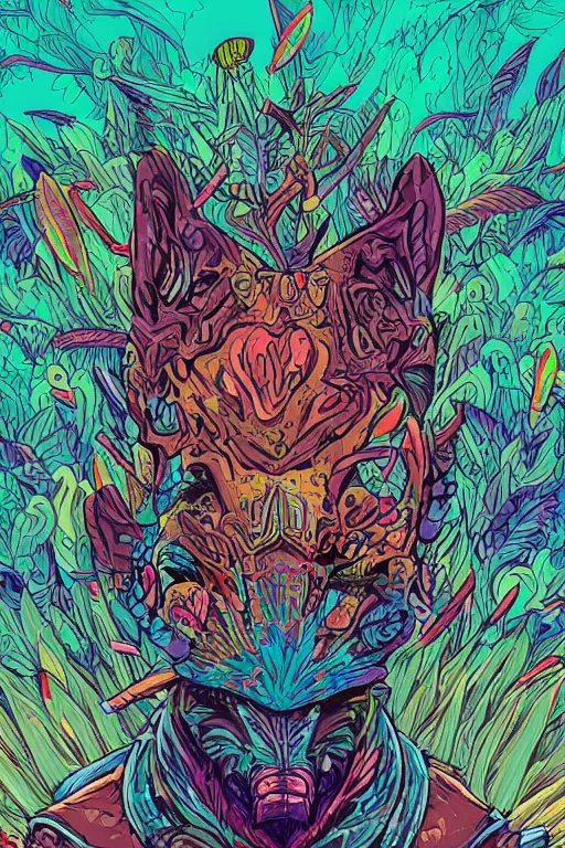 Image similar to animal mask totem tribal feather gemstone plant wood rock shaman vodoo video game vector illustration vivid multicolor borderlands comics by josan gonzales and dan mumford radiating a glowing aura