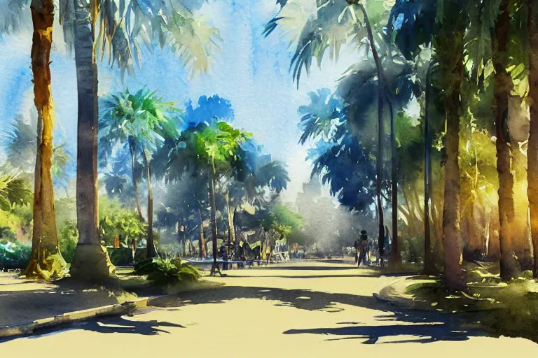 Image similar to small centered on watercolor paper, paint brush strokes, abstract watercolor painting of city park with palm trees, daylight, shadows, covering foliage over pathway, sunlight shining through, translucent leaves, cinematic light, national romanticism by hans dahl, by jesper ejsing, by anders zorn, by greg rutkowski, by greg manchess, by tyler edlin