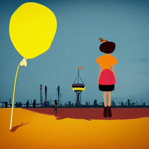 Prompt: a girl holding a balloon at a fairground. buildings with graffiti. silhouette. in the style of simon stalenhag