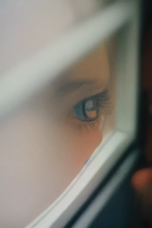 Prompt: kodak portra 4 0 0 photograph of a guy looking out their window, eyes, beautiful eyes, stunning eyes, close up, telephoto, faded effect, grain,