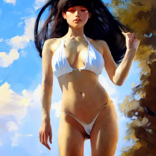 Image similar to greg manchess portrait painting of yorha type b no. 2 in a bikini, white long hair, organic painting, sunny day, matte painting, bold shapes, hard edges, street art, trending on artstation, by huang guangjian and gil elvgren and sachin teng