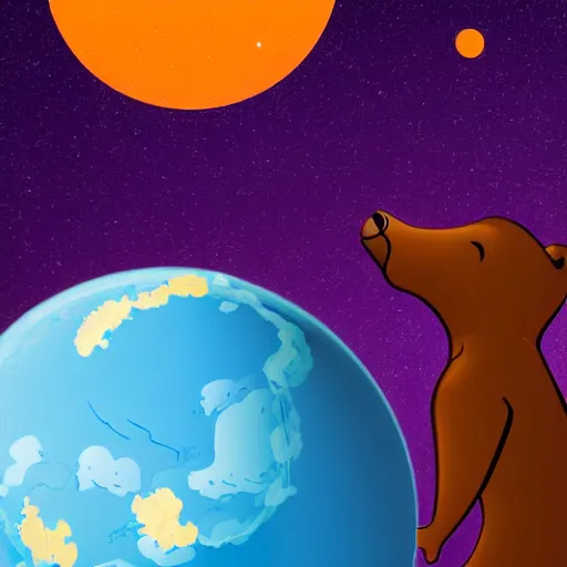 Image similar to cartoon illustration of a bear mascot being launched from a futuristic marble planet, purple and orange cloudland