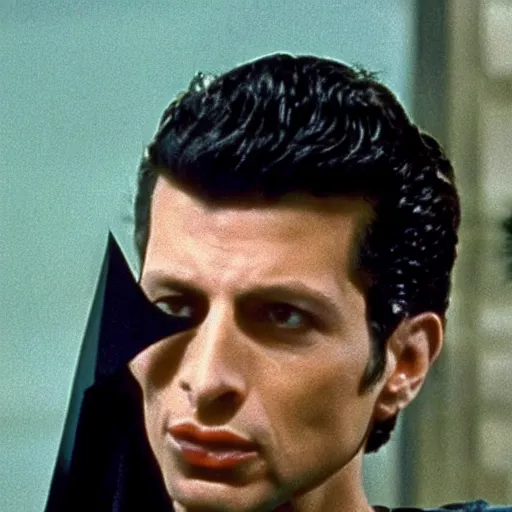 Prompt: young, muscular jeff goldblum as bruce wayne peeling back batman mask, wearing batman t shirt, film still