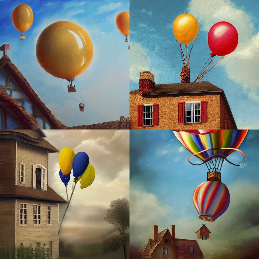 Prompt: illustration of a house attached to balloons, realistic painting, classical painting, high definition, digital art, matte painting, very detailed, realistic”