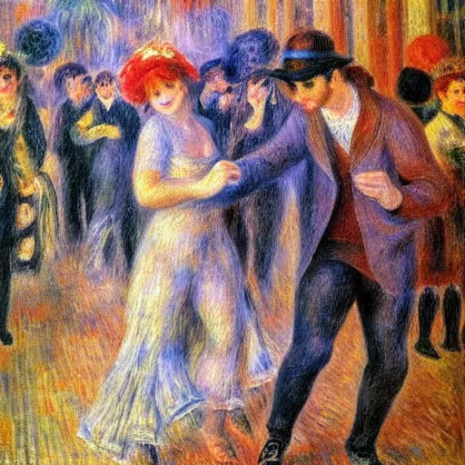 Prompt: disco party, strobo lights, millennials dancing, z generation, dj set, the square of an italian small town with stairs, impressionist style, drawn by renoir, high definition