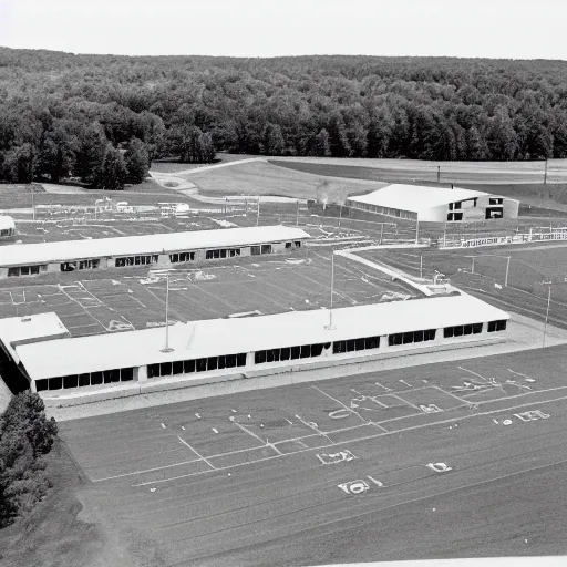 Prompt: hayfield high school virginia 1980s, photorealistic, 8k, award winning, black and white