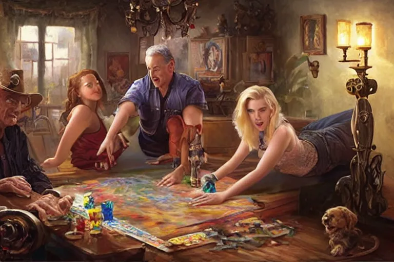 Prompt: portrait of bob barker playing twister with scarlett johansson, an oil painting by ross tran and thomas kincade