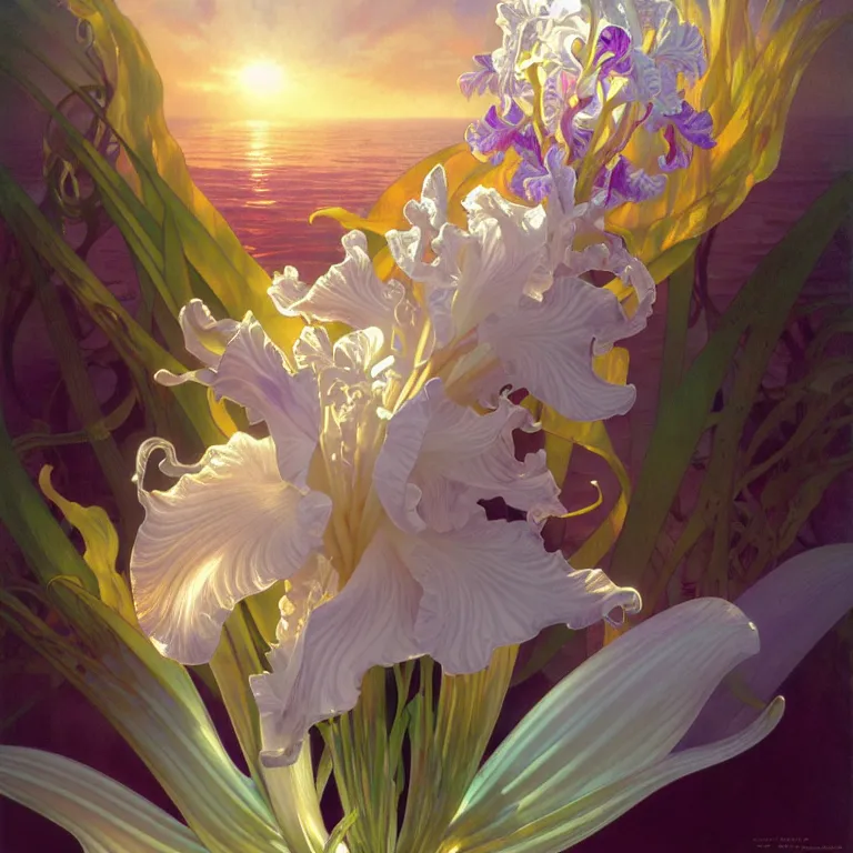 Prompt: detailed giant white holographic orchid iris hybrid flower surrounded by ocean waves, lsd water, lsd ripples, droplets, backlit, sunset, refracted lighting, art by collier, albert aublet, krenz cushart, artem demura, alphonse mucha