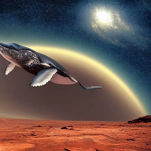 Prompt: whale on mars, photorealistic, very detailed, high definition landscape, gorgeous whale, stars and milky way, award winning photograph, world press photo