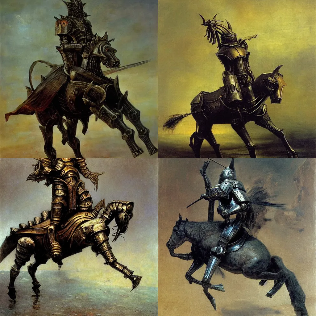 Prompt: painting of a regal armored knight riding the Abyssal Horse by HR Giger and Ilya Repin