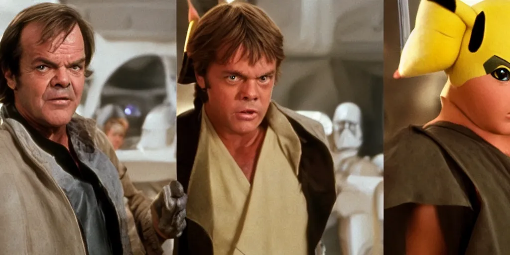 Image similar to Jack Nicholson plays Luke Skywalker and fights Darth Pikachu