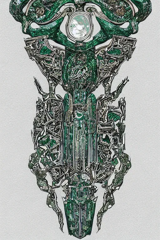 Image similar to an ancient white bone and emerald gemstone relic, intricate engraving, concept art style