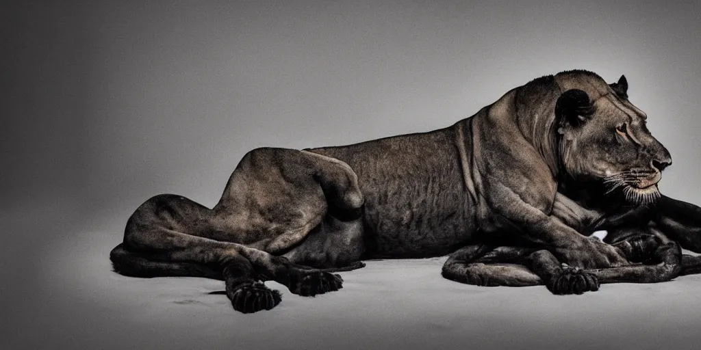 Image similar to a black lioness, made of ferrofluid, laying on the couch in the living room, covered with ferrofluid. photography, dslr, realism, color, rimlight, wrinkles, reflections, animal photography, black goo