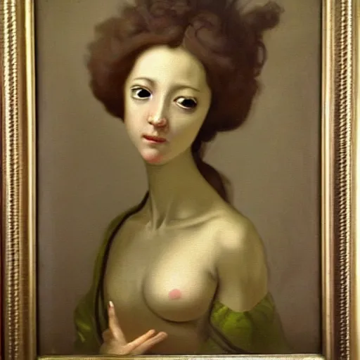 Image similar to renaissance oil painting, rococo, manga skinny creepy female painting like a mad woman