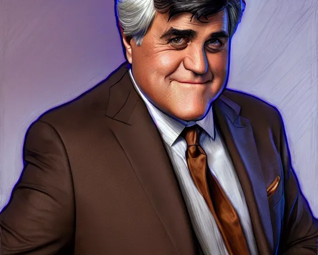 Image similar to close up of jay leno wearing a brown suit and necktie, focus, d & d, intricate, elegant, highly detailed, digital painting, artstation, concept art, matte, sharp focus, illustration, hearthstone, art by artgerm and greg rutkowski and alphonse mucha