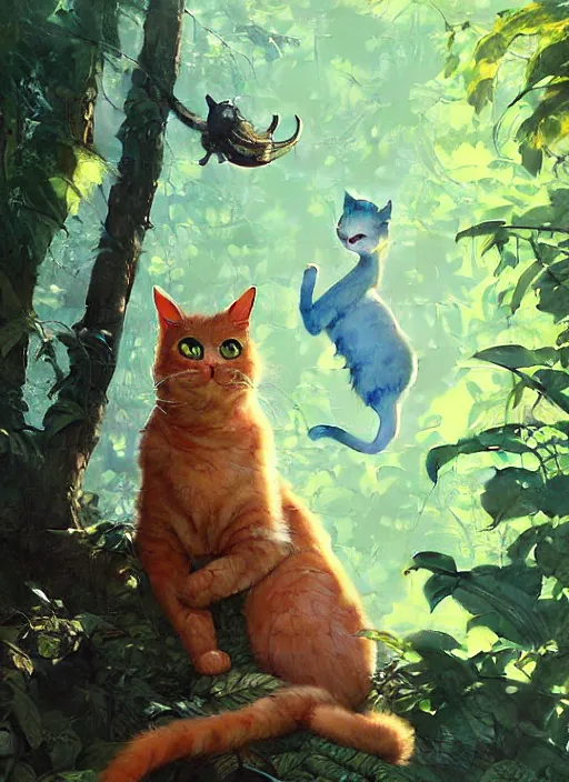 Image similar to a hyper realistic ink cat alien technology and sunbeams blue sky, lush forest foliage painting by chiara bautista and norman rockwell and greg rutkowski weta studio, and lucasfilm