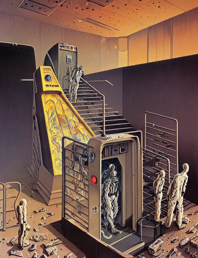 Prompt: crematorium on desert planet, elevator, side ramp entrance ambulance smoke dead bodies, guards intricate, painting by lucian freud and mark brooks, bruce pennington, dark colors, neon, death, guards, nice style culture
