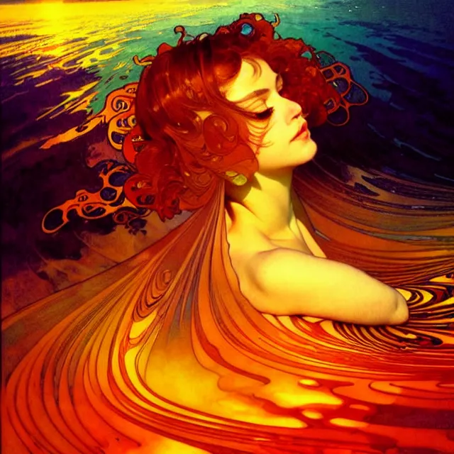 Image similar to mind bending indigo ocean waves of glossy psychedelic liquid honey flowing like kaleidoscopic translucent amber, lsd waves, honey ripples, dramatic sunset, refracted lighting, art by collier, albert aublet, krenz cushart, artem demura, alphonse mucha