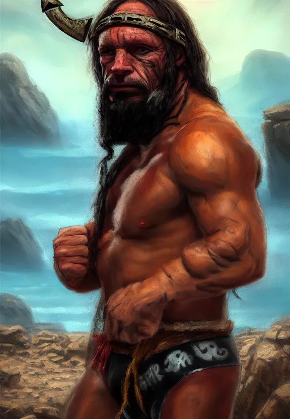 Prompt: a solitary wrestler randy savage with an anchor slung over his shoulder alone in a rocky desolate wasteland | portrait | hd 4 k | fantasy impressionist oil painting | middle earth | pathfinder | artstation | conan | darksun | d & d dungeons and dragons | barbarian