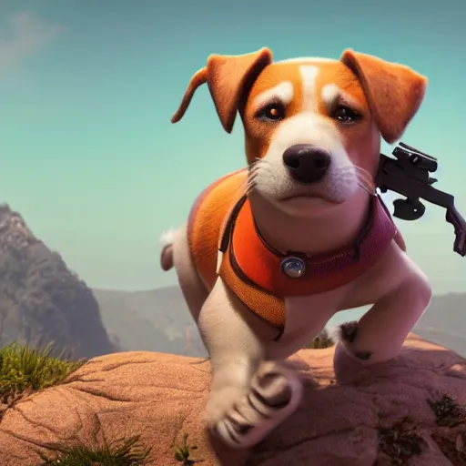 Image similar to dog character 1 1, small puppy, rich dog, high quality image, smart dog, dog with gun, 3 d render, dog in mountain, soft, concept art, intricate details, highly detailed, colorful, photorealistic, disney pixar, octane render, iridescent, anime, 8 k