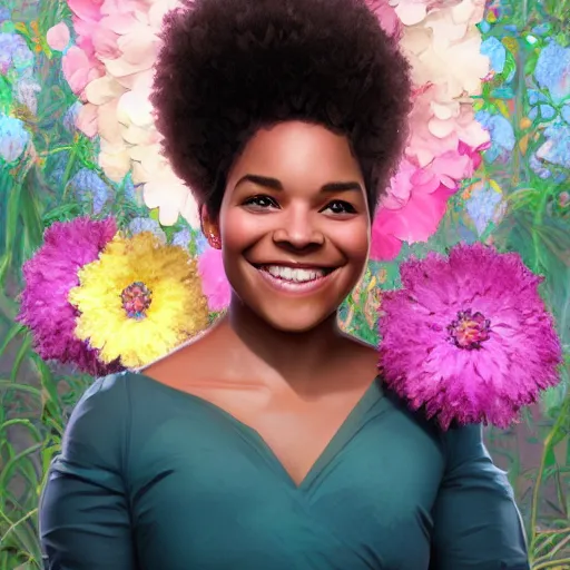 Image similar to portrait of a smiling beautiful black woman who looks like nia long and regina hall with big fluffy afro surrounded by flower petals by argerm and by alphonse mucha, face by wlop, trending on artstation, octane render