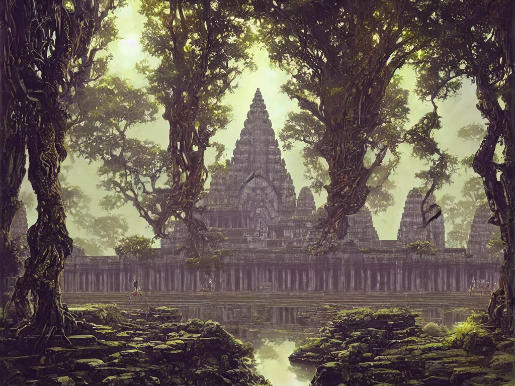 Image similar to a distant cyberpunk angkor wat, sky, portals, sparkling, reflecting pool, robots, ancient trees by paul lehr, jesper ejsing