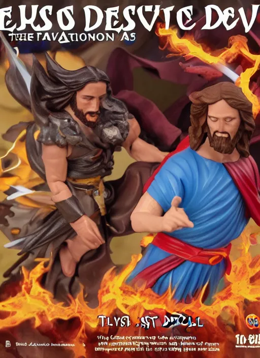 Image similar to Jesus vs the Devil in the flying sandals of salvation action figures toy pack