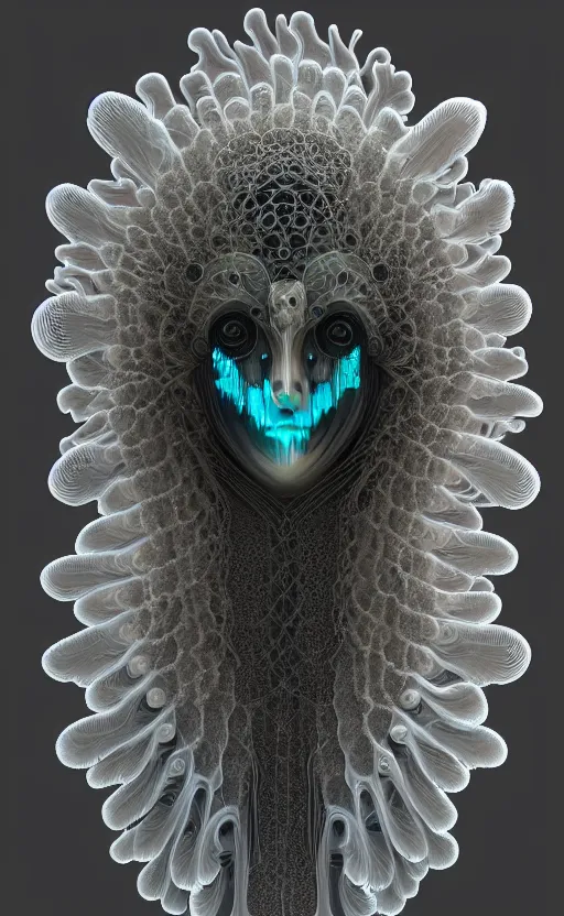 Image similar to intricate gothic girl mask, eagle coral, jelly fish, feathers, mandelbulb 3 d, fractal flame, octane render, cyborg, biomechanical, futuristic, by ernst haeckel