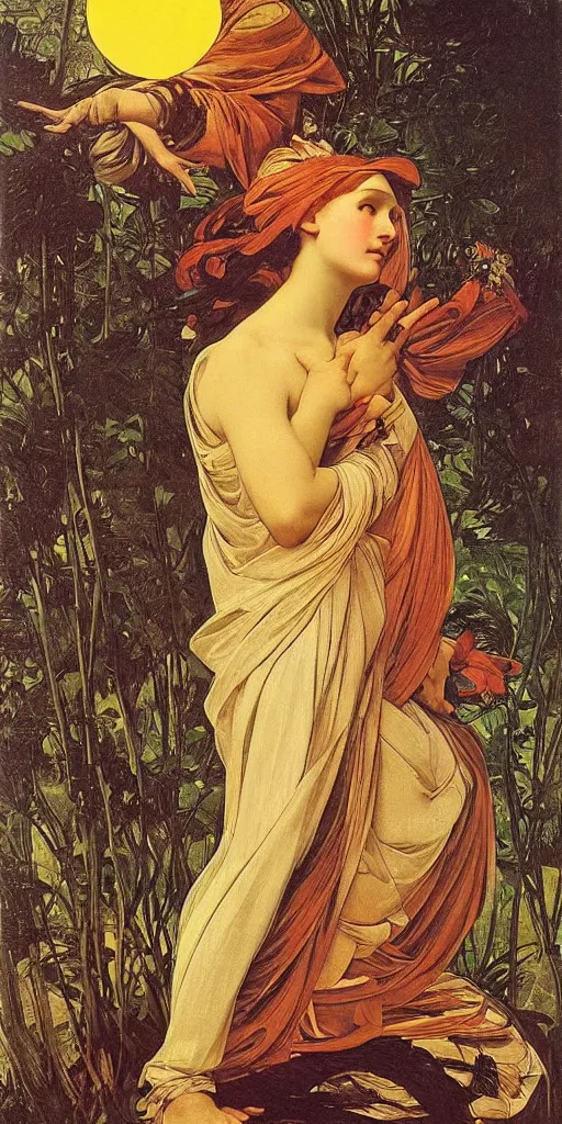 Image similar to mother nature, atmospheric light, head to toe, in the golden hour, by caravaggio, by mucha