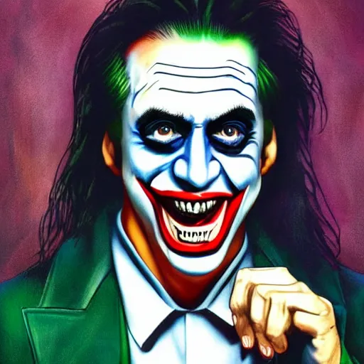 Image similar to nic cage as the joker, buff, painted portrait, highly detailed,