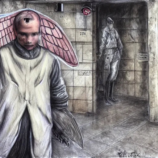 Prompt: a fallen angel stands at the checkout in the supermarket, mixed media, charcoal and acrylic paints, by enki Bilal, hyper realistic