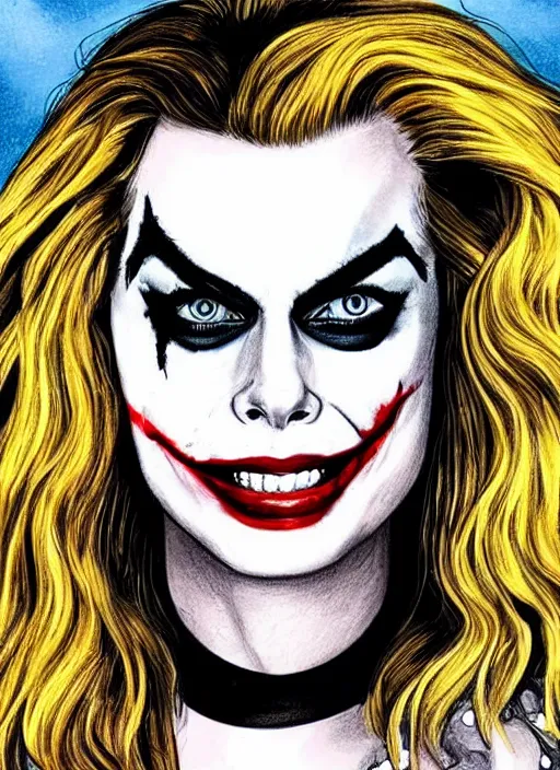 Image similar to a drawing of margot robbie with joker makeup, ace card, realistic face, black and white, hyper realistic, highly detailed