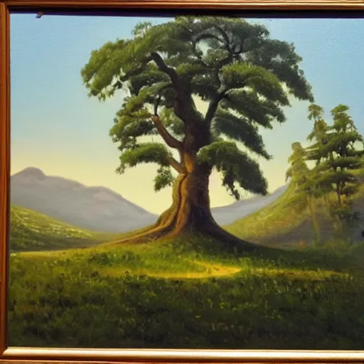 Prompt: A huge mountain with a giant tree on the top, view from far away, oil painting,