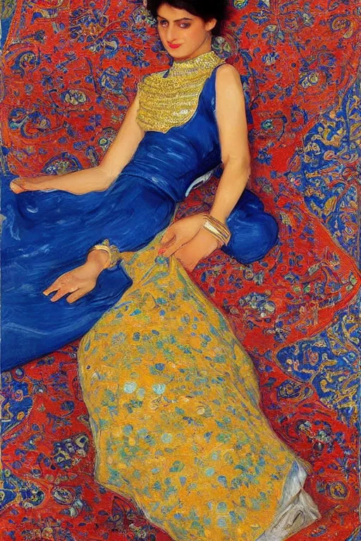 Image similar to gorgeous iranian girl wear detailed golden blue dress big tree palm pot and lay down on a detailed persian carpet, painting by john singer sargent