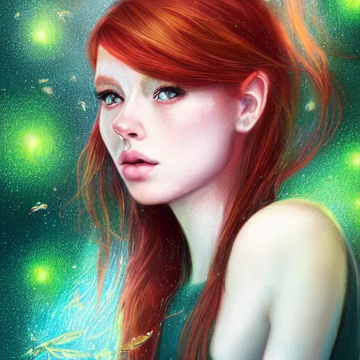 Image similar to photorealistic portrait of a red haired girl among fireflies, with a round beautiful face, amazed soft smile, long hair, green eyes, hint of freckles, golden ratio, intricate details, colorful digital art by artgerm