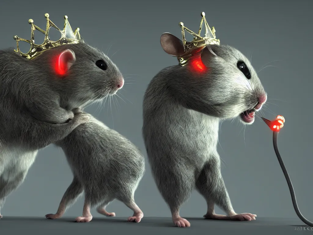 Image similar to a computer mouse pretends to be the king of ordinary mice and wears a crown, highly detailed, sharp focus, cinematic lighting, unreal engine 5, neon version of style jim burns