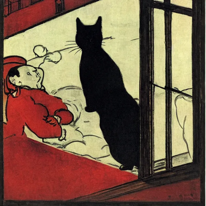 Image similar to couple under a baldachin with city seen from a window frame at night. fuzzy black cat. henri de toulouse - lautrec, utamaro, matisse, felix vallotton, monet