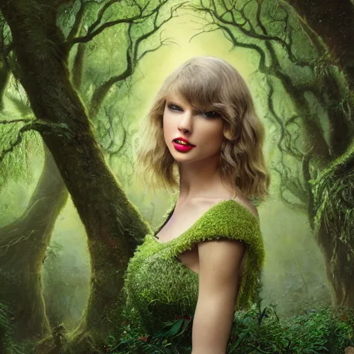 Prompt: Portrait of Taylor Swift as a dryad, characteristic sparkling green eyes, looking straight to the camera, illuminated for rays of light, behind her is an ancient forest full of life, by Annie Leibovitz, Ellie Victoria Gale and Steve McCurry, matte painting, oil painting, naturalism, 4k, 8k