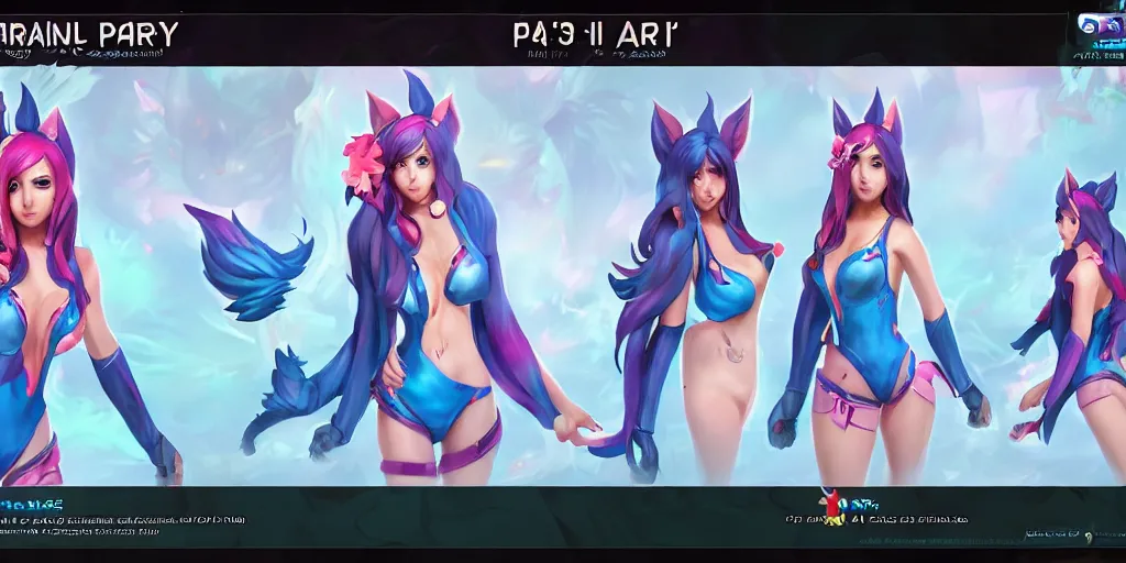 Image similar to Character sheet of pool party ahri (League of Legends). 3d unreal engine 5 trending on artstation