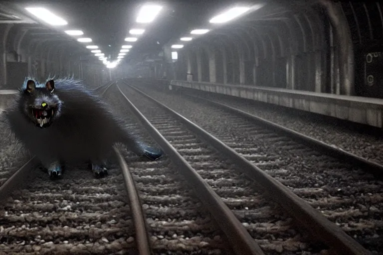 Image similar to very large giant mutant zombie irradiated ( angry rat ) staying on railways in tonnel of moscow subway. tonnel, railways, giant angry rat, furr, fangs, claws, very realistic. fog, extreme long shot, herman nitsch, giger.