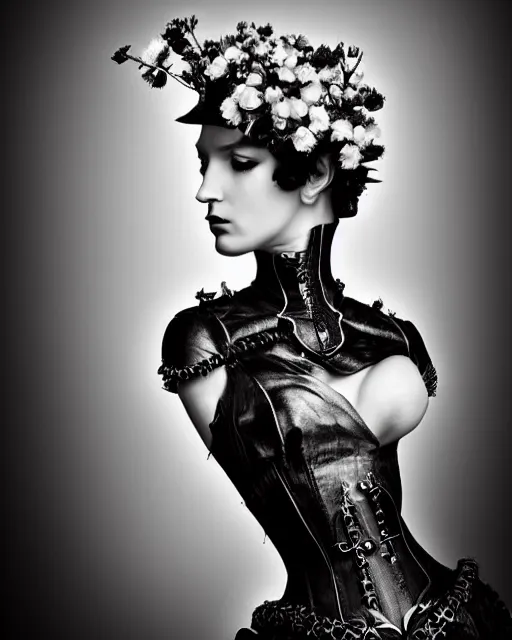 Prompt: a black and white high quality dreamy photo of a young beautiful female queen-pale dragon-vegetal-many big steampunk flowers-cyborg bust with a very long neck, elegant, highly detailed, poetic, soft, dreamy, mysterious, high fashion, rim light, in the style of Diane Arbus, Realistic, Refined, Digital Art, Highly Detailed, Cinematic Lighting, rim light, black and white, photo-realistic, 8K
