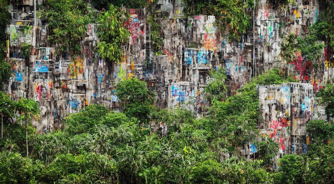 Prompt: close zouk fabric wall fortress greeble illusion landscape jungle dirt a spectacular view cinematic graffity style