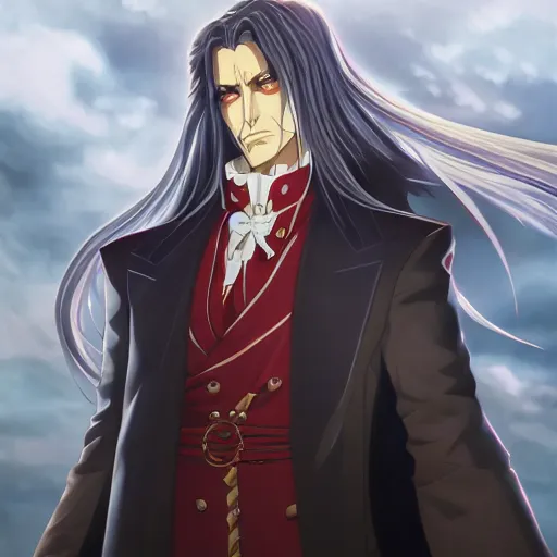 Image similar to portrait of alucard in the true ancestor vampire mode archetype earth, anime fantasy illustration by tomoyuki yamasaki, kyoto studio, madhouse, ufotable, square enix, cinematic lighting, trending on artstation