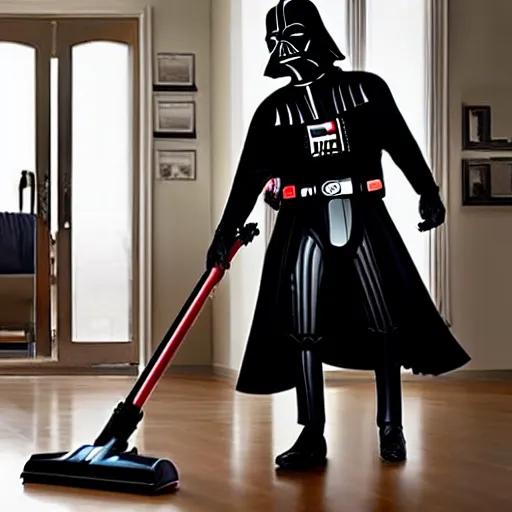 Image similar to Darth Vader vacuuming the house, photo realistic, award-winning, highly-detailed