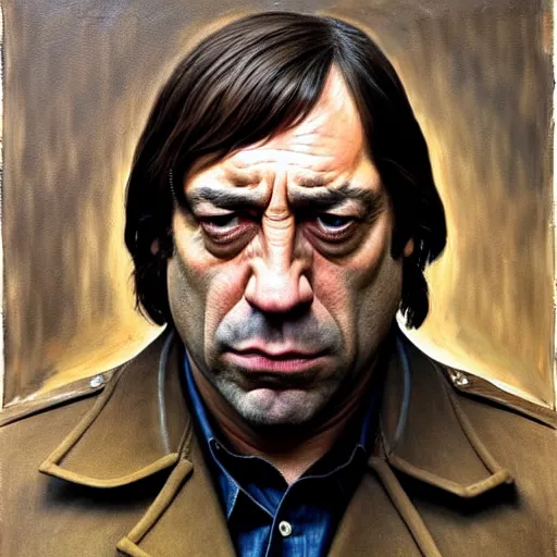 Image similar to javier bardem as anton chigurh in no country for old men. neutral menacing stare. oil painting by lucian freud. path traced, highly detailed, high quality, j. c. leyendecker, drew struzan tomasz alen kopera, peter mohrbacher, donato giancola